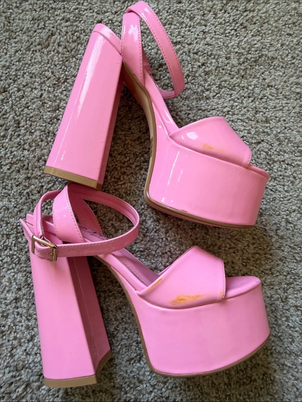 Lemon Drop Pink Platform Block Heel Sandals with Ankle Strap